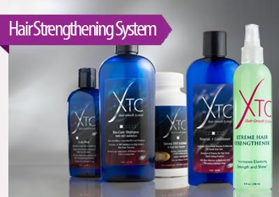 XTC’s Hair Strengthening System containing shampoo and many other hair care products
